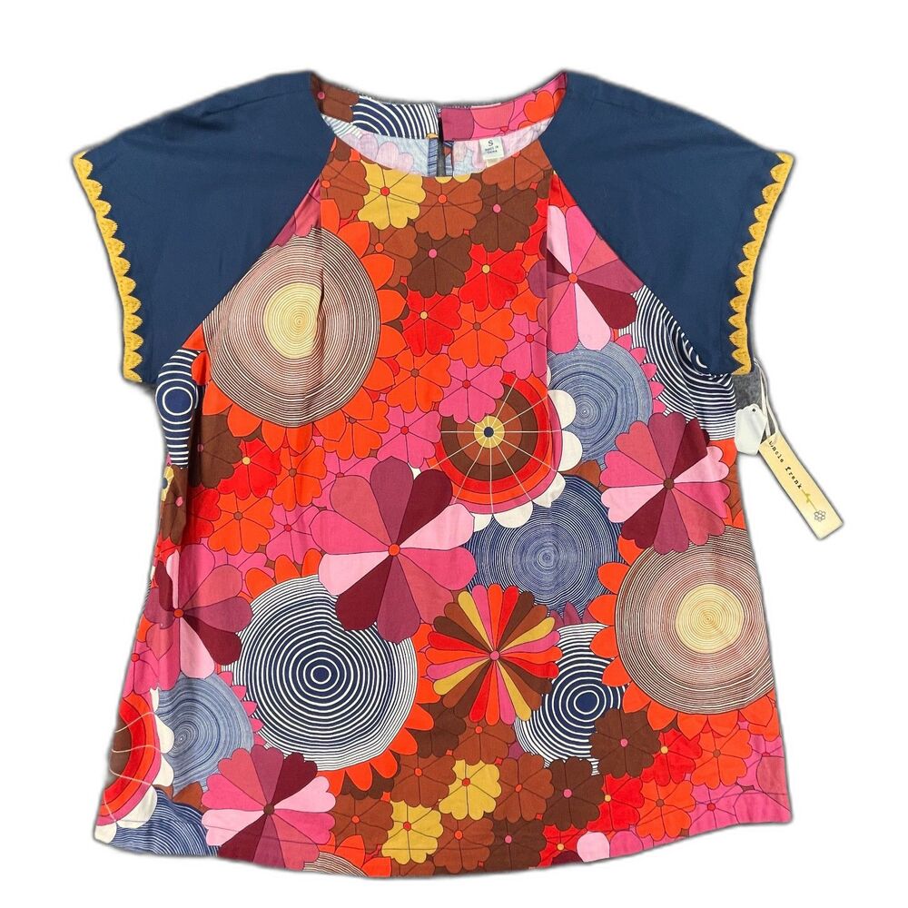 Uncle Frank Retro Geometric Floral Pink Blue Cotton Top S 70's Tunic Festival